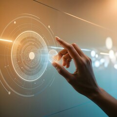 Businessman hand touching complex circular diagram on virtual screen big data, cyberspace and futuristic technology concept