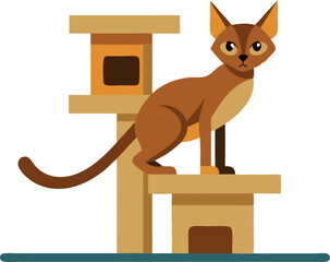 Wall Mural - A cat is sitting on top of a cat tree. The cat tree is brown and has a brown base