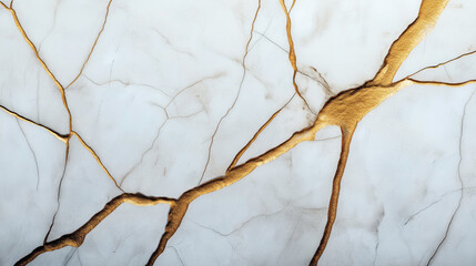 Poster - Detailed close-up of a white marble surface with visible gold-filled cracks, showcasing a Kintsugi inspired design, emphasizing elegance and artistic repair.