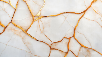 Wall Mural - Abstract background of white marble with golden cracks, resembling the Japanese art of Kintsugi where broken pottery is mended with gold to highlight the fractures.