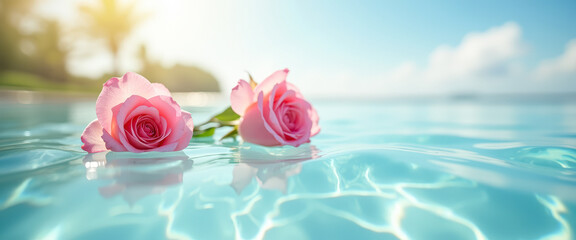 Wall Mural - Pink Roses Floating in a Pool of Blue Water