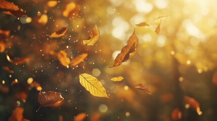 Golden autumn leaves gently float in the air, illuminated by soft, warm sunlight.