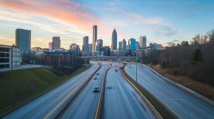 Aufkleber - A panoramic view of an expressway cutting through a cityscape, with tall buildings and urban landmarks in the background