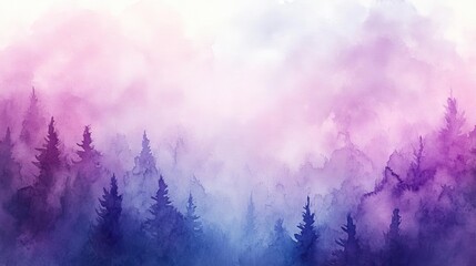 Wall Mural - A serene watercolor landscape featuring misty trees in purple and blue hues, evoking calm and tranquility in nature.