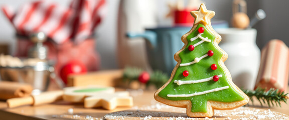 Canvas Print - Closeup of Christmas Tree Cookie on Wooden Board