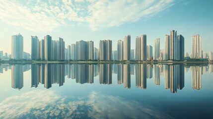 Poster - A reflective view of tall city buildings in a nearby body of water, capturing the cityscape's symmetry and the sleek design of modern architecture.