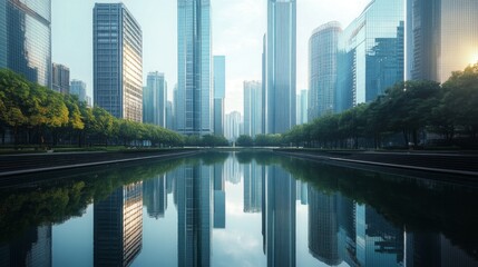 Poster - A reflective view of tall city buildings in a nearby body of water, capturing the cityscape's symmetry and the sleek design of modern architecture.