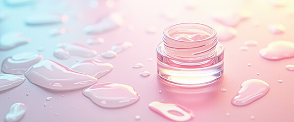 glass jar of facial cream on pink background with droplets