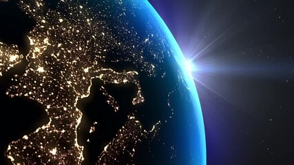 Wall Mural - view from space of a beautiful sunrise over europe, the sun rises over the european continent. night