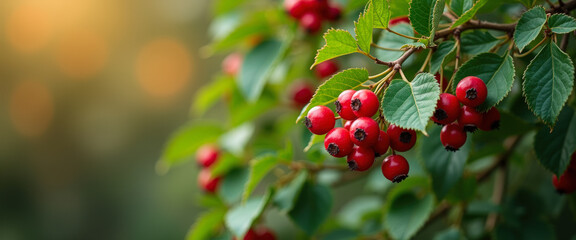 Poster - Closeup of Red Berries on a Branch with Green Leaves