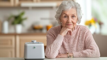 Senior woman using an oxygen concentrator at home, managing respiratory health, geriatric respiratory support, chronic care management