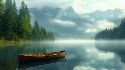 panoramic view of a serene mountain lake at dawn with a small wooden boat moored to a misty shoreline surrounded by towering evergreen trees and reflected in the glassy water