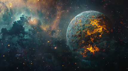 Poster - A captivating cosmic scene featuring a fiery planet surrounded by swirling clouds of stars and galaxies, showcasing the beauty and mystery of the universe.