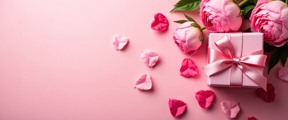 Sticker - Pink Gift Box with Peony Flowers and Petals