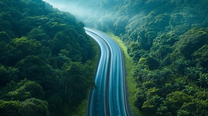 Poster - A scenic shot of an expressway surrounded by lush greenery or natural landscapes, highlighting the contrast between urban and rural areas.