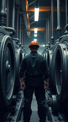 Wall Mural - Industrial Worker Standing in a Machine Room