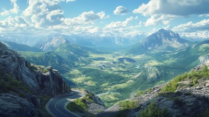 Leinwandbilder - A scenic overlook on a mountain road, with a viewpoint offering stunning vistas of valleys and peaks below, framed by the road.