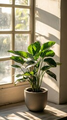 Wall Mural - a potted prayer plant by the window in minimalist style of indoor plants