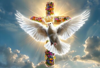 A white dove and a cross decorated with flowers appear in the sky, representing peace and freedom. Jesus and Catholicism concept.