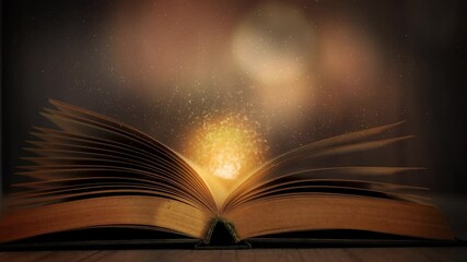 Open golden magic book with fairy tales or spells in dark room and bright light.