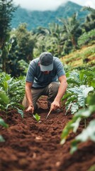 A coffee farmer kneels in a verdant field, carefully examining the growth of coffee plants surrounded by lush greenery