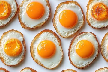 playful pattern of sunnysideup fried eggs scattered across a clean white background creating a whimsical and appetizing design