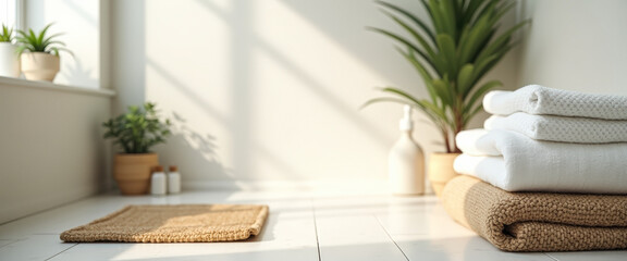 Poster - White Towels and Tan Rug on White Wooden Floor with Sun Light Streaming In