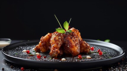 Succulent chicken wings glazed with a rich sauce sit on a sleek black plate, artfully garnished with herbs and spices, inviting all to indulge in this delicious treat