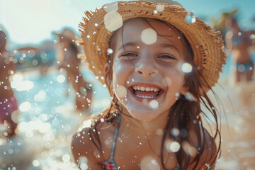 Wall Mural - Diversity little child boy and girl friends running and playing in sea water on tropical beach generative AI