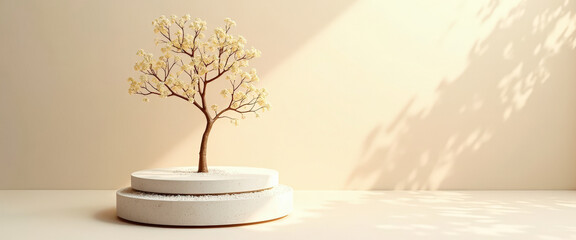 Wall Mural - Minimalist Product Display with White Flowers and Stone Pedestal