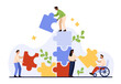 © Flash Vector - Business teamwork, partnership challenge, office unity. Tiny people build block tower, connect and match puzzle pieces, corporate team working on project solution together cartoon vector illustration