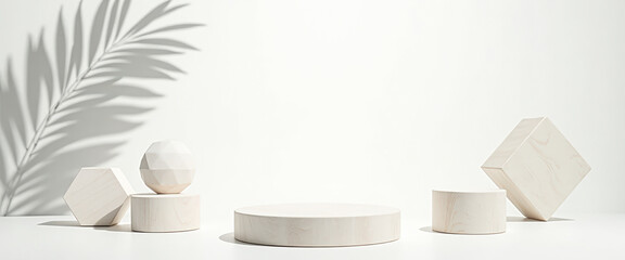 Sticker - Minimalist White Product Display with Geometric Shapes and Palm Leaf Shadow