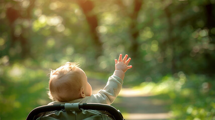baby toddler happy in park with sunlight. happy mother pushing toddler baby stroller and walking in 