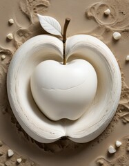 A pristine white apple sculpture with a delicate leaf sits in an open, apple-shaped book on a textured sand surface. The arrangement is artistic and minimalist, ideal for creative design projects.