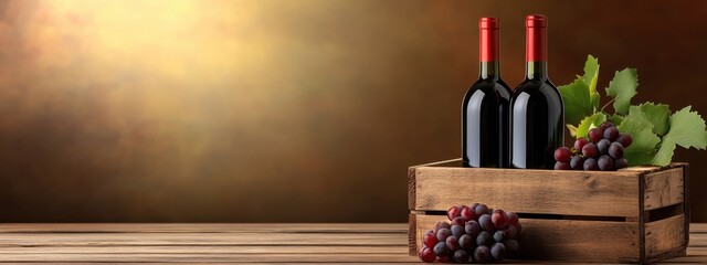 Pair of wine bottles in rustic wooden crate, soft lighting