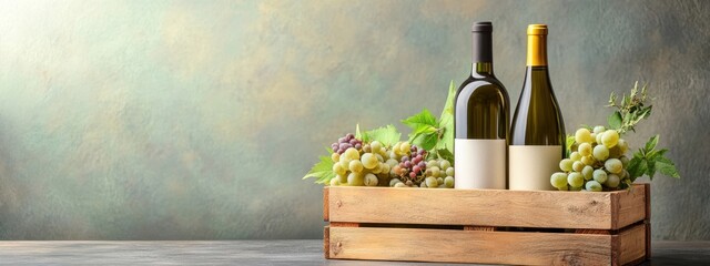 Pair of wine bottles in rustic wooden crate, soft lighting