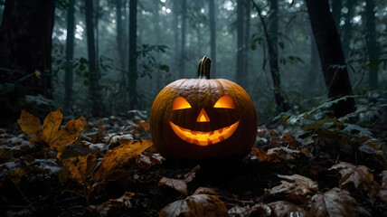 Wall Mural - A glowing jack-o'-lantern sits among fallen leaves in a misty forest at dusk, creating an eerie Halloween atmosphere