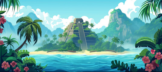 Wall Mural - The Cartoon tropical island with Mayan Pyramid, Game background, Illustration