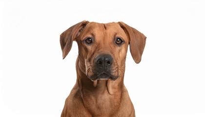 A close-up portrait of a curious dog with expressive eyes against a white background.