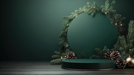 3D rendering of a Christmas background with a podium and a green circular shape for product presentation on a dark-colored background. Mock-up stage pedestal stand, star decoration element. Festive sh