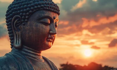 Serene Buddha Statue at Sunset With Vibrant Clouds in the Background in a Peaceful Outdoor Setting