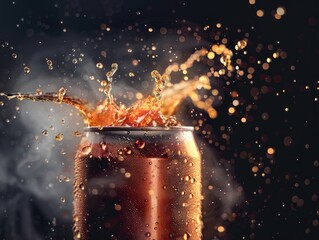 Poster - A can of soda is opened and the liquid is spilling out. The image has a mood of excitement and fun, as the soda is being poured out in a way that looks like it's being poured out of a volcano