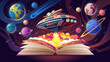 © Flash Vector - Reading fan fiction literature, imagination about space adventures, kids fantasy and dreams poster. Alien starship flying out of pages of open book, planets of Solar system cartoon vector illustration