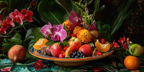 Poster - A colorful fruit platter is displayed on a table with a green tablecloth. The fruits include apples, oranges, and bananas. The arrangement of the fruits creates a vibrant and inviting atmosphere