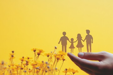 Hand holding family in a flower field, symbolizing unity and care