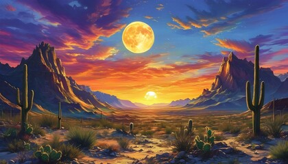 Enchanting desert sunset with mountains, cacti, and a vibrant sky illuminated by a full moon