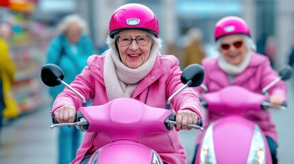 Canvas Print - Two older women riding pink scooters in a store, AI