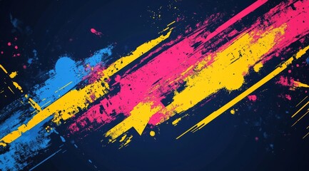 Dynamic abstract composition. An energetic background with directional arrows and brush strokes in neon pink, bright yellow, and deep blue hues, creating a sense of movement and vibrant visual flow.