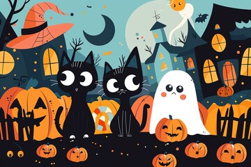 Wall Mural - Black cats, cute pumpkins, cartoon ghosts, witches, haunted houses, candy, flat design illustration