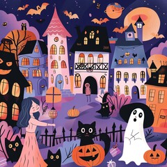 Wall Mural - Witches, cute pumpkins, haunted houses, cartoon ghosts, black cats, candy, flat design illustration